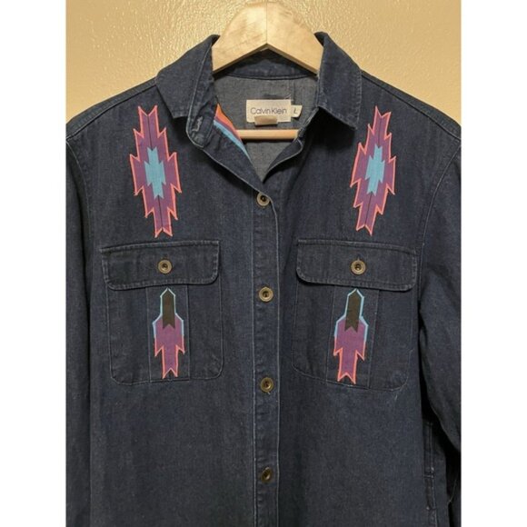 Vtg Calvin Klein Denim Duster Jacket Southwest Custom Tribal Native Am Women's L - Picture 3 of 16